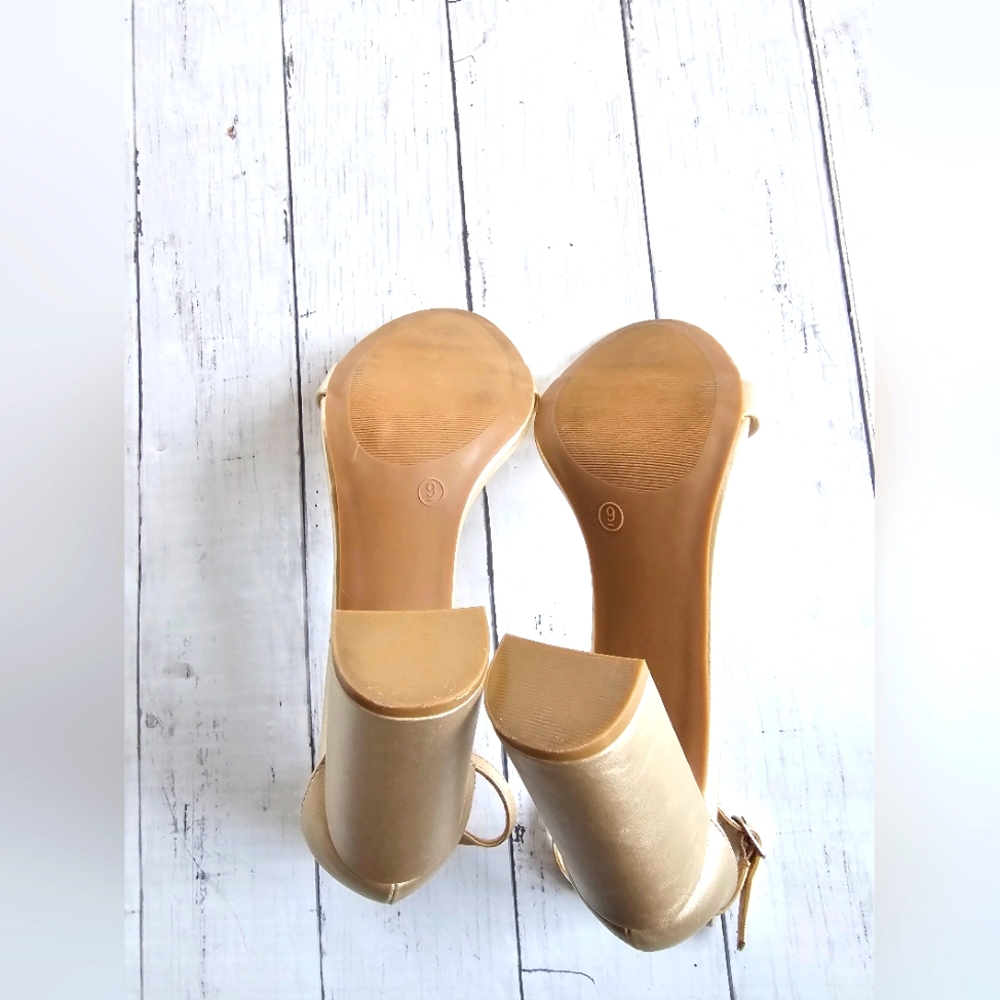 Lulus Dressy Taylor Metallic Champagne Gold Block Ankle Strap Chunky Heels - Picture 10 of 11